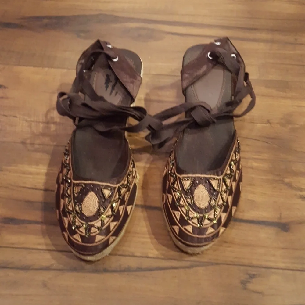 Y2K Beartraps Brown Beaded Satin Ankle‎ Straps Macrame Wedges